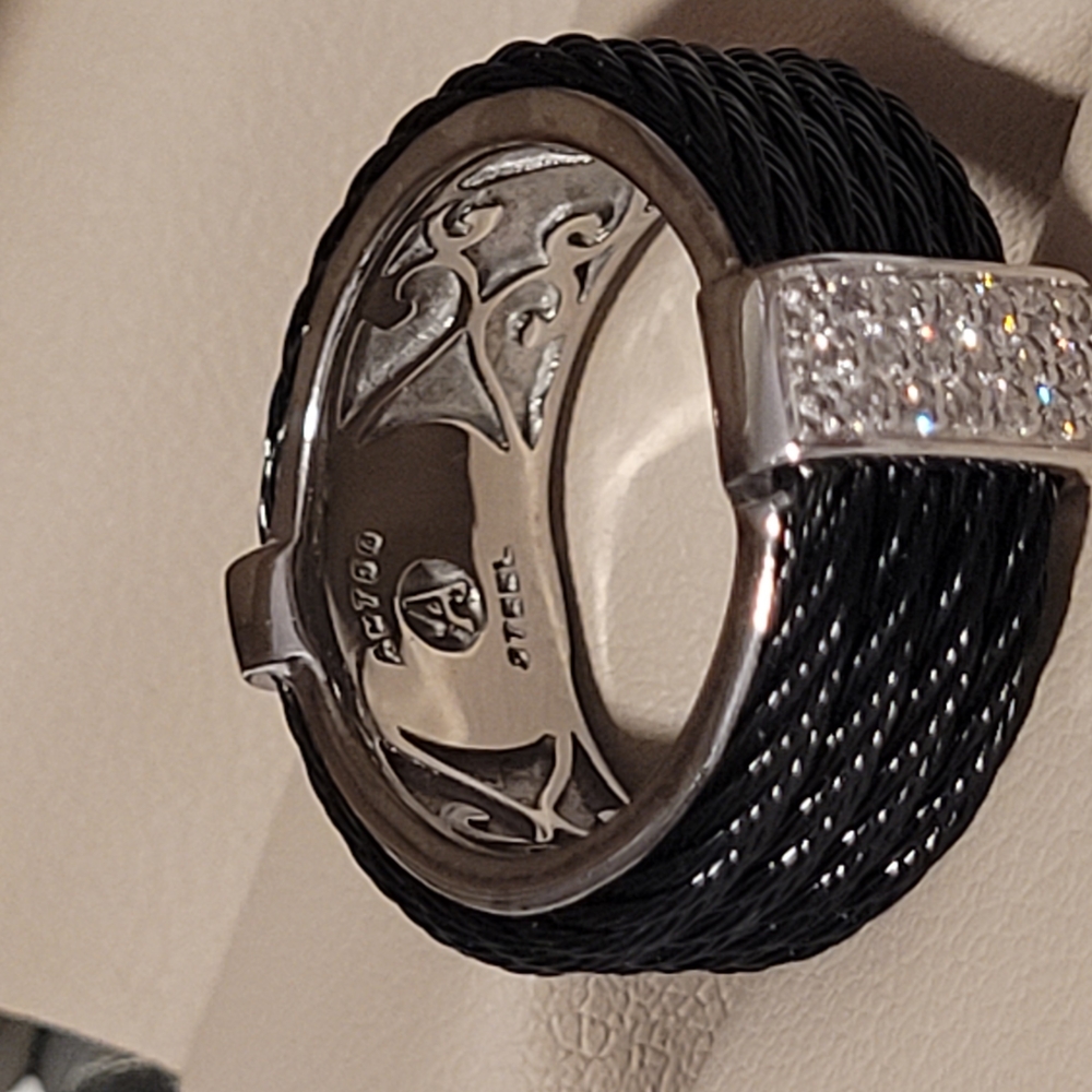 Stainless Steel and 18K White Gold Noir Diamond Black Cable 4-Row Ring